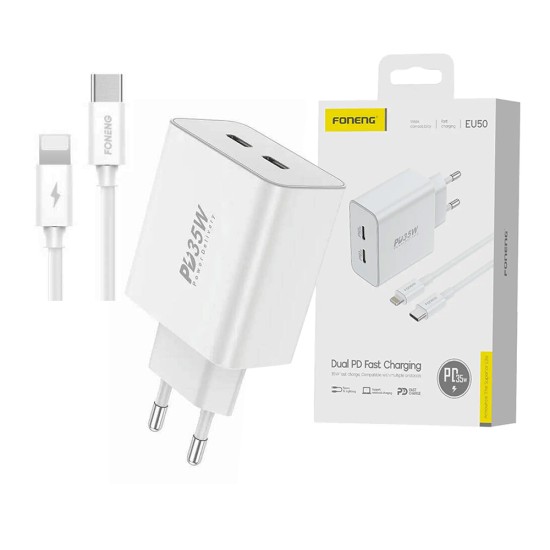 Carregador Foneng EU50 Portas Dual (Tipo C+Tipo C) PD35W com Cabo Tipo C para Lightning Branco